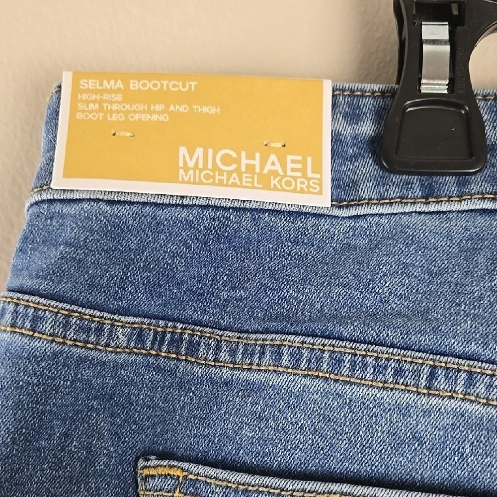 Michael Kors Womens Sailor Wide Leg Jeans Medium Wash‎ Blue Gold Buttons Size 14